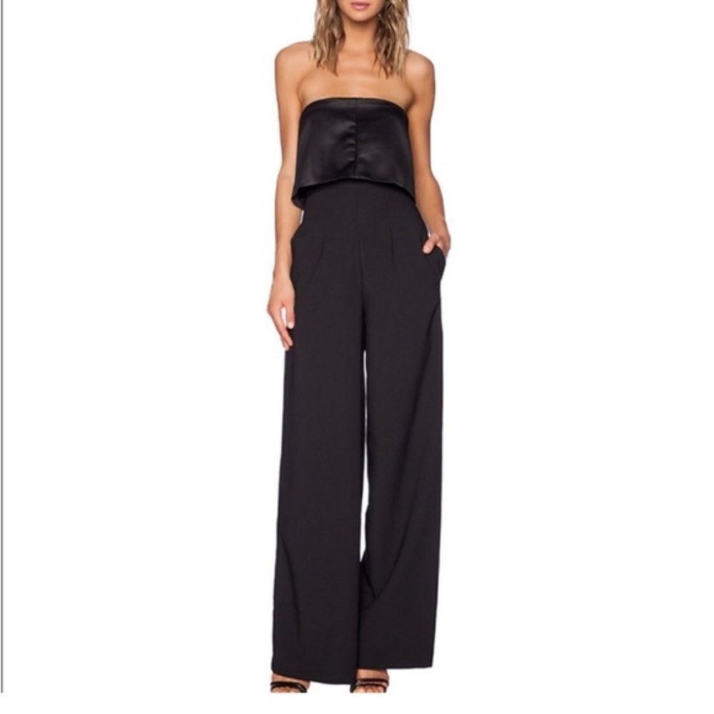Solace London Black Crepe Satin Strapless Wide Leg Tailor Jumpsuit | 6